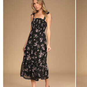 Lulu's Sweet Situation Black Floral Print Tie-Strap Tiered Midi Dress